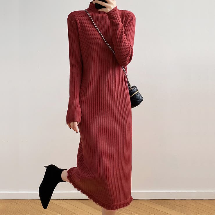 ピンク | フリンジニットワンピース 秋 冬 | Amulet