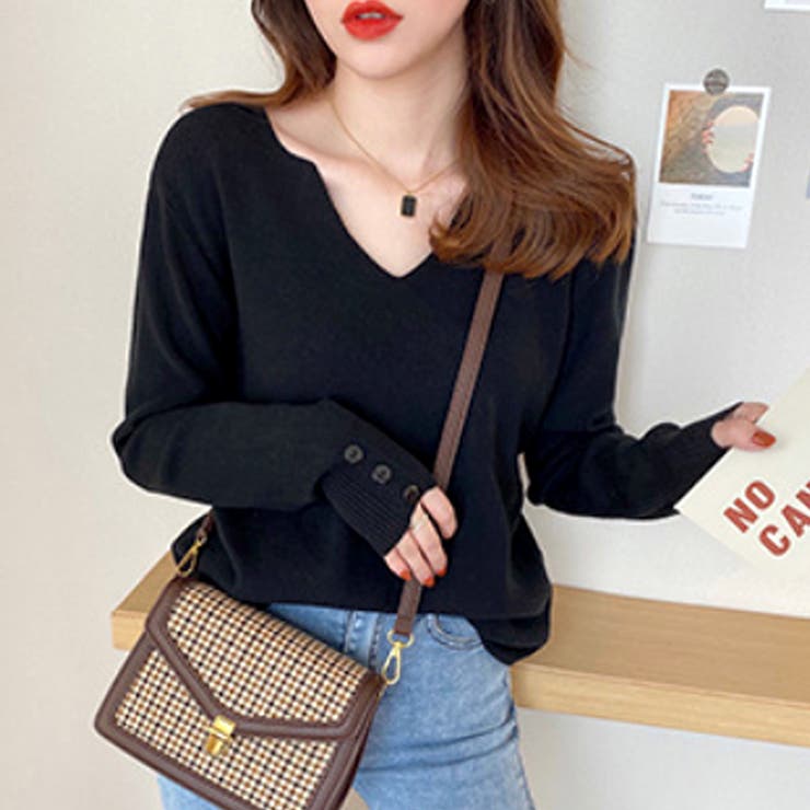 ブラック | Vネックニットセーター レディース 10代 | Amulet