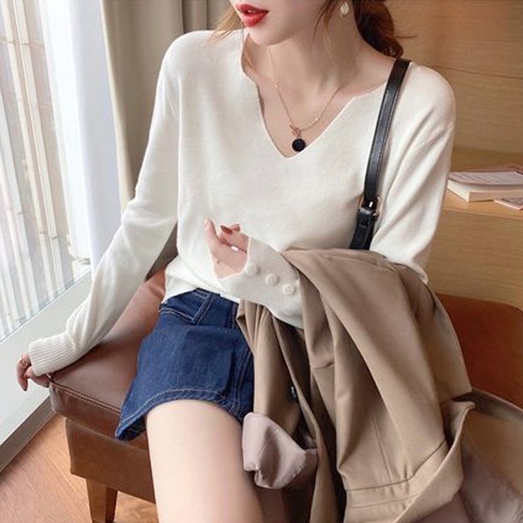 ホワイト | Vネックニットセーター レディース 10代 | Amulet