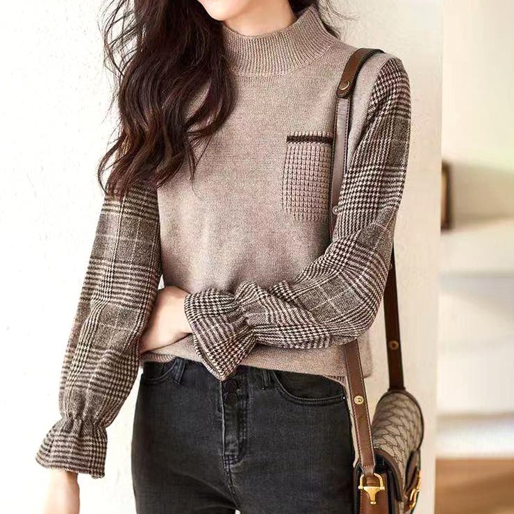 ベージュ | チェック袖切り替えニット レディース 10代 | Amulet