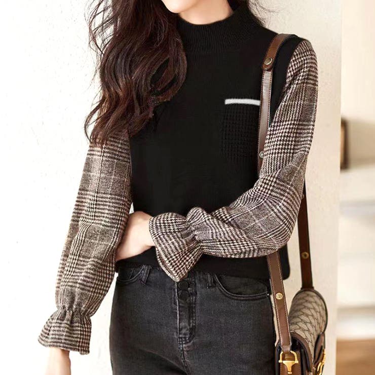 ブラック | チェック袖切り替えニット レディース 10代 | Amulet