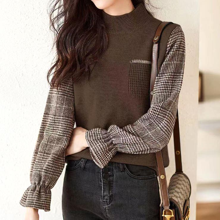 ブラウン | チェック袖切り替えニット レディース 10代 | Amulet