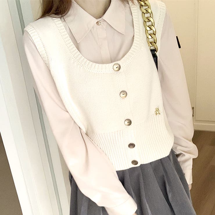 ホワイト | スクープドネックニットベスト レディース 10代 | Amulet