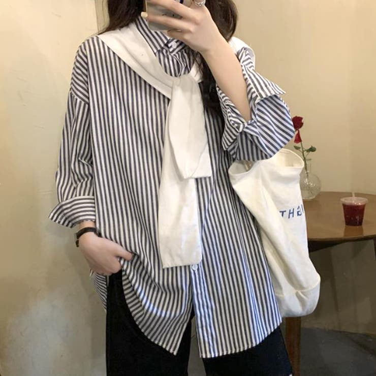 肩掛け付きストライプシャツ レディース 10代[品番：AMSW1777943