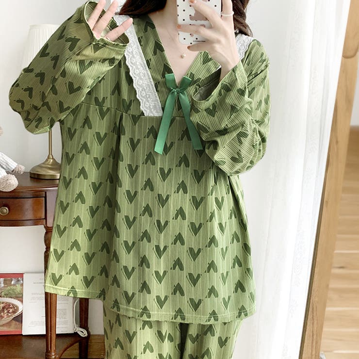 グリーン | リボン付きルームウェア レディース 10代 | Amulet