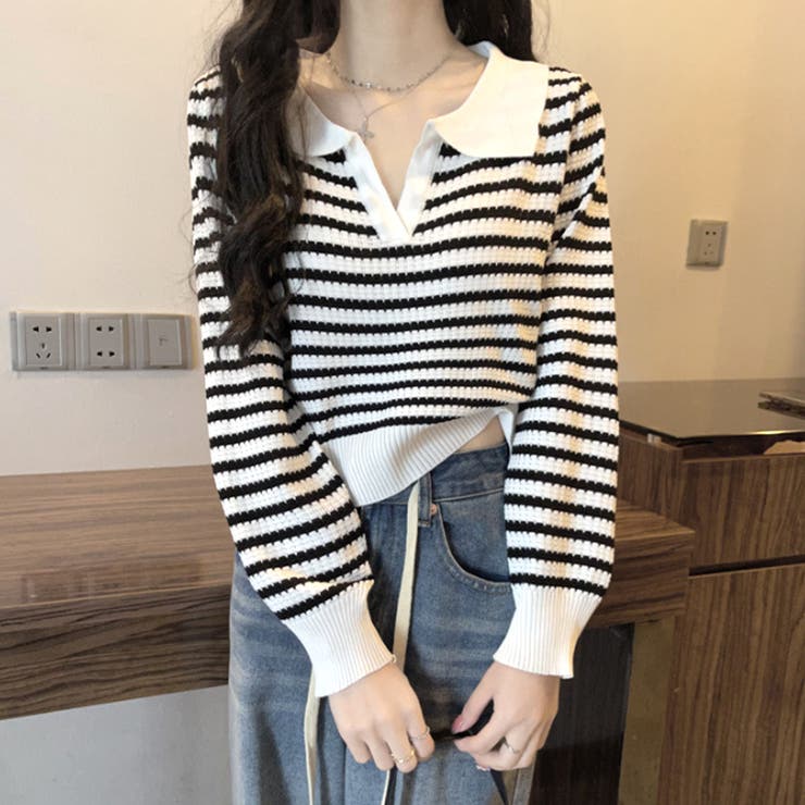 ホワイト | ボーダーポロニット レディース 10代 | Amulet