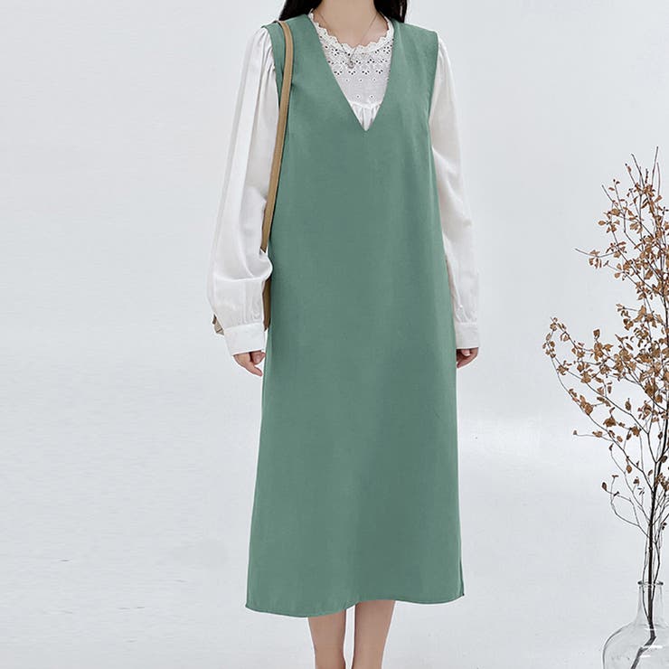 グリーン | Vネックジャンパースカート 10代 20代 | Amulet