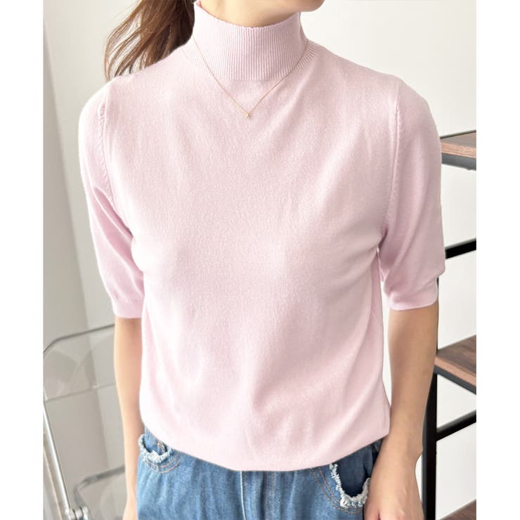 ピンク | ハイネック半袖ニットトップス レディース 韓国 | Amulet
