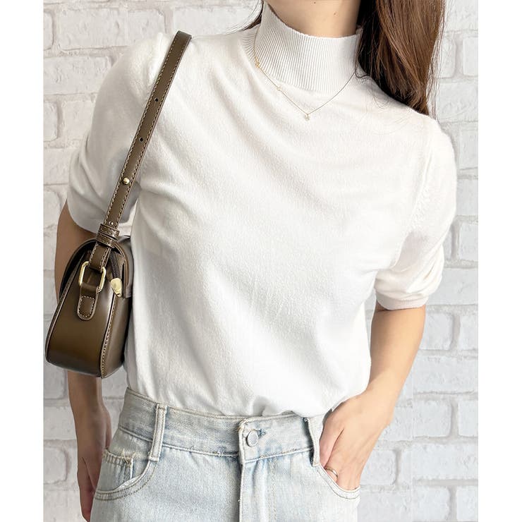 ホワイト | ハイネック半袖ニットトップス レディース 韓国 | Amulet