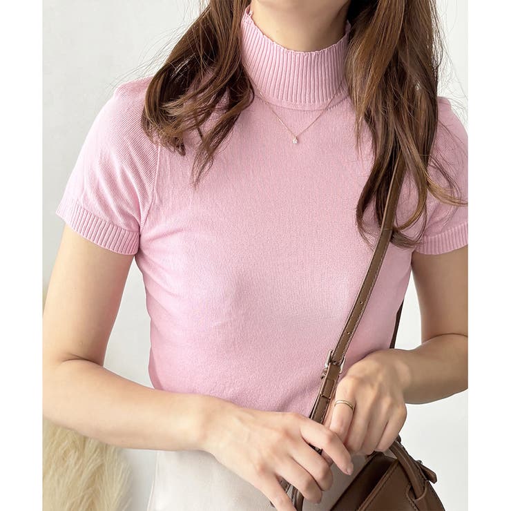 ピンク | 半袖ハイネックニットソー レディース 韓国 | Amulet