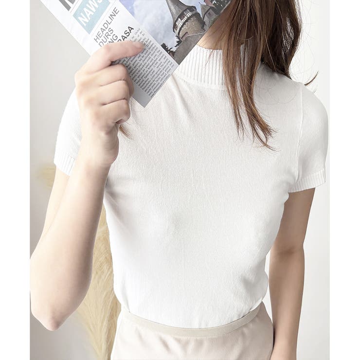 ホワイト | 半袖ハイネックニットソー レディース 韓国 | Amulet