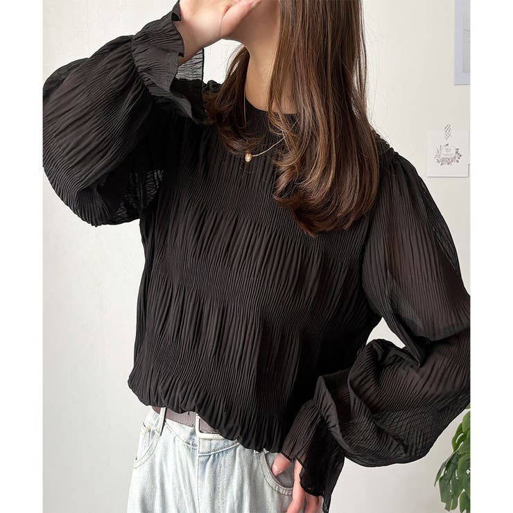 ブラック | ラウンドネックシアーシフォンブラウス レディース ブラウス | Amulet