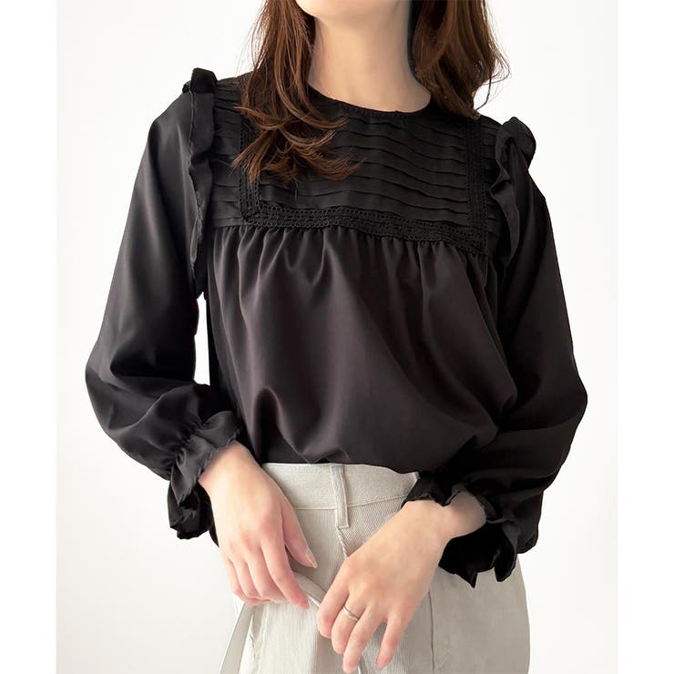 ブラック | フリル長袖ブラウス レディース 韓国 | Amulet