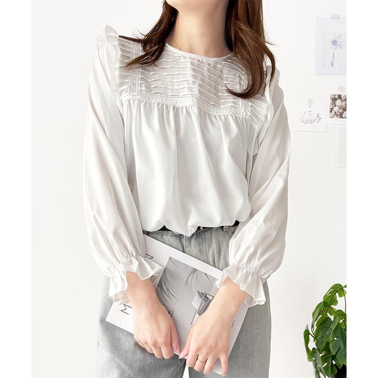 ホワイト | フリル長袖ブラウス レディース 韓国 | Amulet