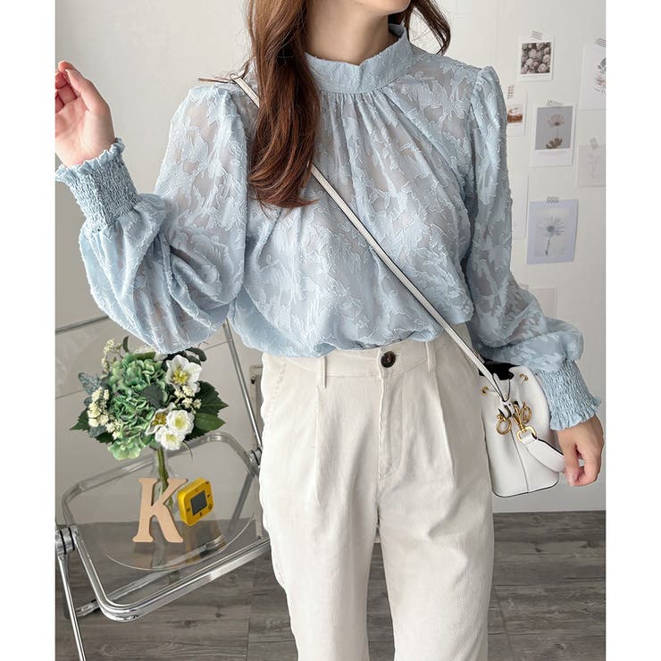 ブルー | フラワーシャギーブラウス レディース 韓国 | Amulet