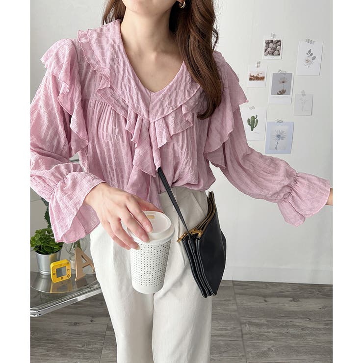 ピンク | フリルシフォンブラウス レディース 韓国 | Amulet
