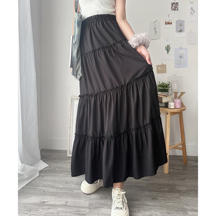 ブラック | ティアードフレアロングスカート おしゃれ トレンド | Amulet