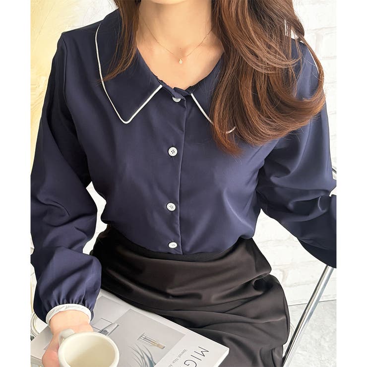 バイカラーパイピング長袖ブラウス レディース トップス | Amulet | 詳細画像15 