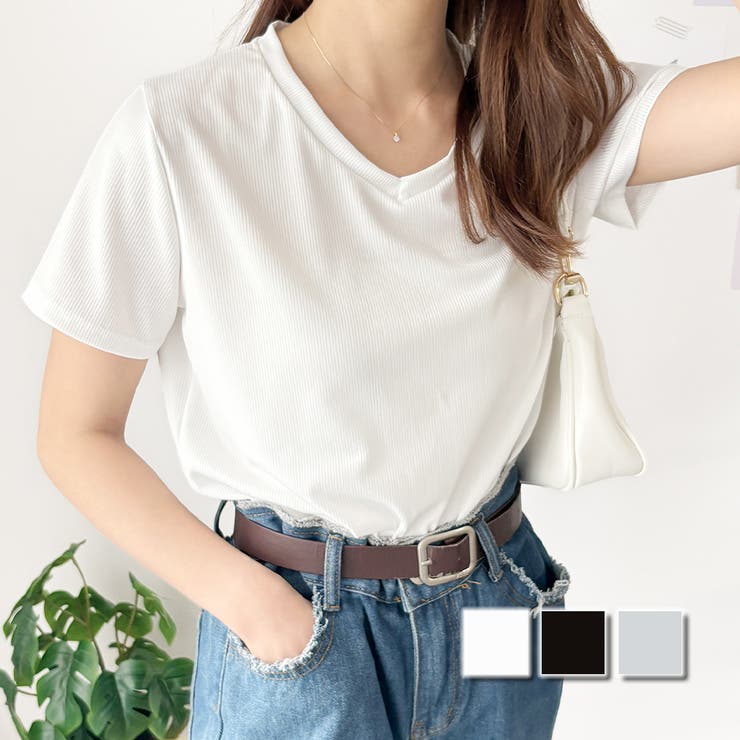 リブタッチVネックトップス リブ 韓国 | Amulet | 詳細画像1 