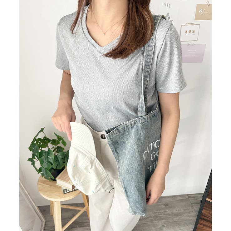 グレー | リブタッチVネックトップス リブ 韓国 | Amulet