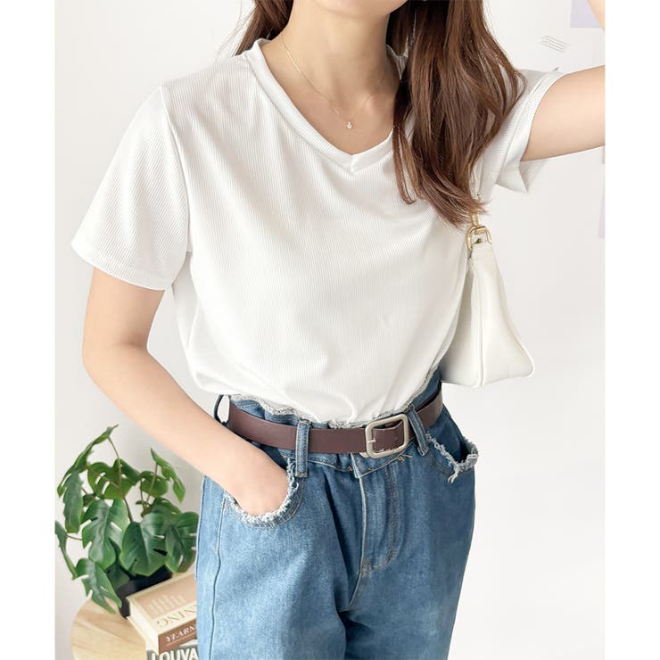 ホワイト | リブタッチVネックトップス リブ 韓国 | Amulet