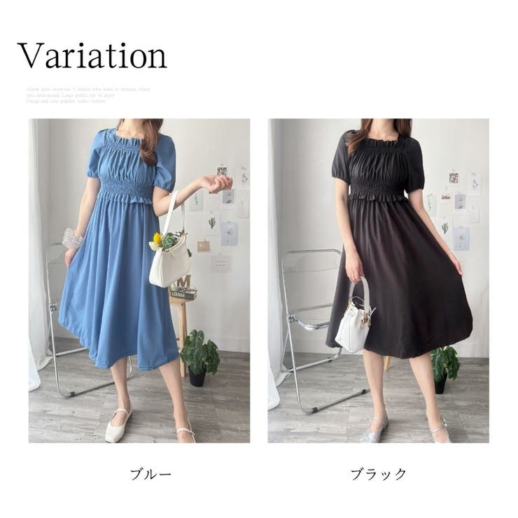シャーリングパフスリーブワンピース レディース ロング丈[品番