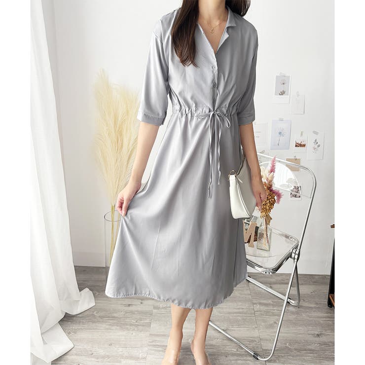 五分袖ウエストマークワンピース レディース ミモレ丈 | Amulet | 詳細画像16 