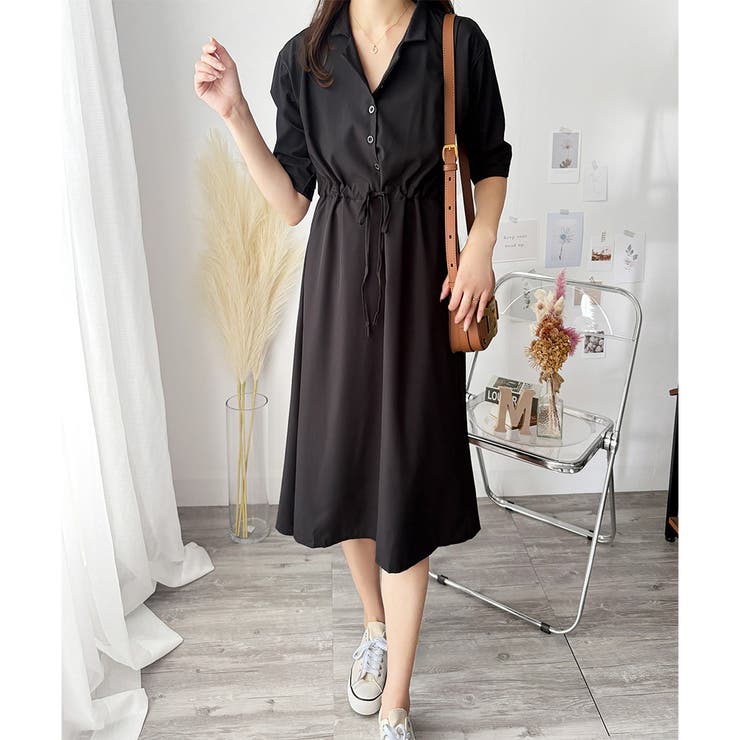 五分袖ウエストマークワンピース レディース ミモレ丈 | Amulet | 詳細画像6 