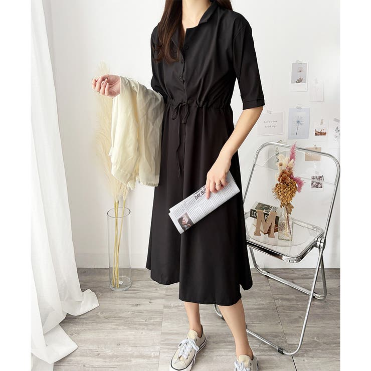 五分袖ウエストマークワンピース レディース ミモレ丈 | Amulet | 詳細画像9 