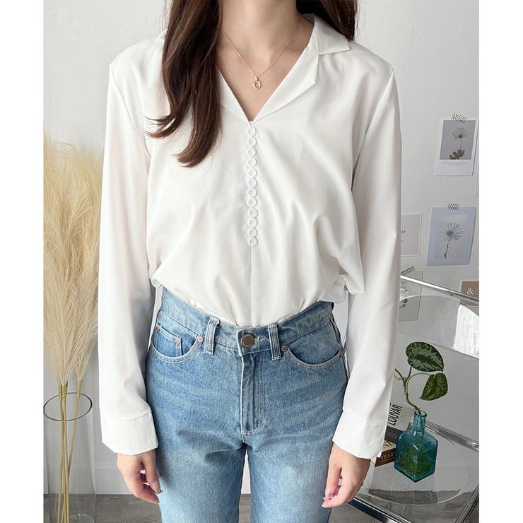 フェイクボタンデザインブラウス シンプル 長袖 | Amulet | 詳細画像6 