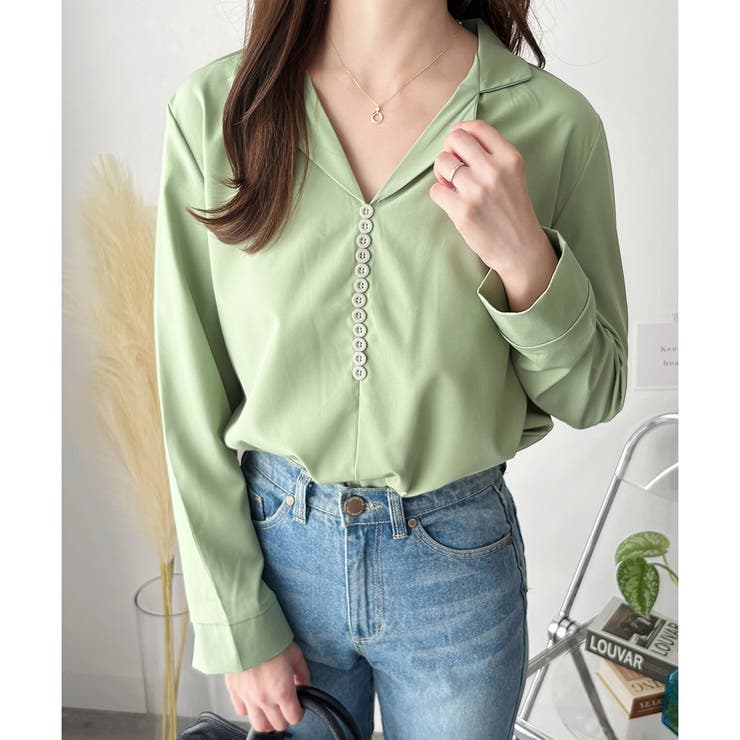 グリーン | フェイクボタンデザインブラウス シンプル 長袖 | Amulet