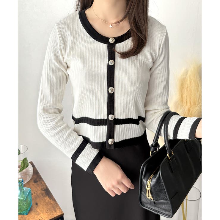 ホワイト | フェイクボタン配色ニット レディース 長袖 | Amulet