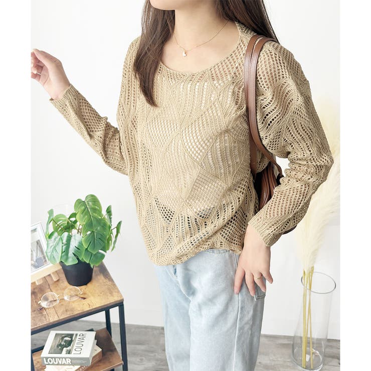 アイボリー | 透かし編みニットトップス レディース 長袖 | Amulet
