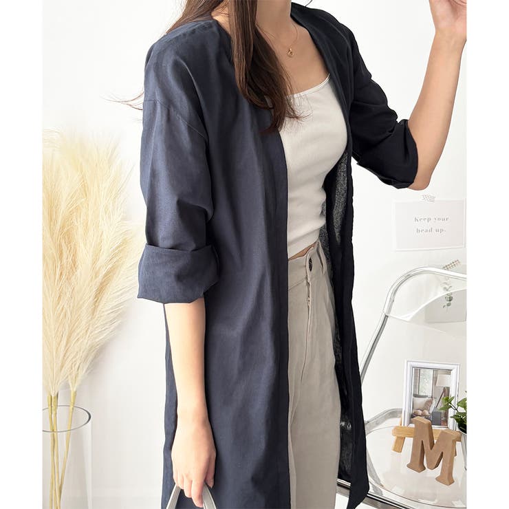 リネン風ノーカラーシャツアウター レディース 羽織り | Amulet | 詳細画像12 