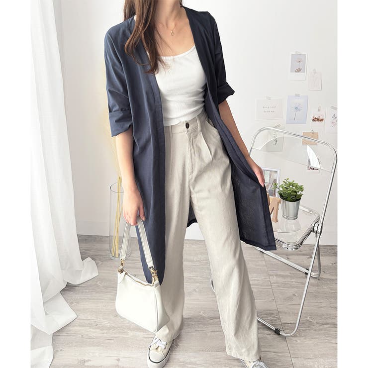 リネン風ノーカラーシャツアウター レディース 羽織り | Amulet | 詳細画像13 