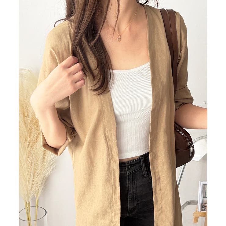 リネン風ノーカラーシャツアウター レディース 羽織り | Amulet | 詳細画像17 