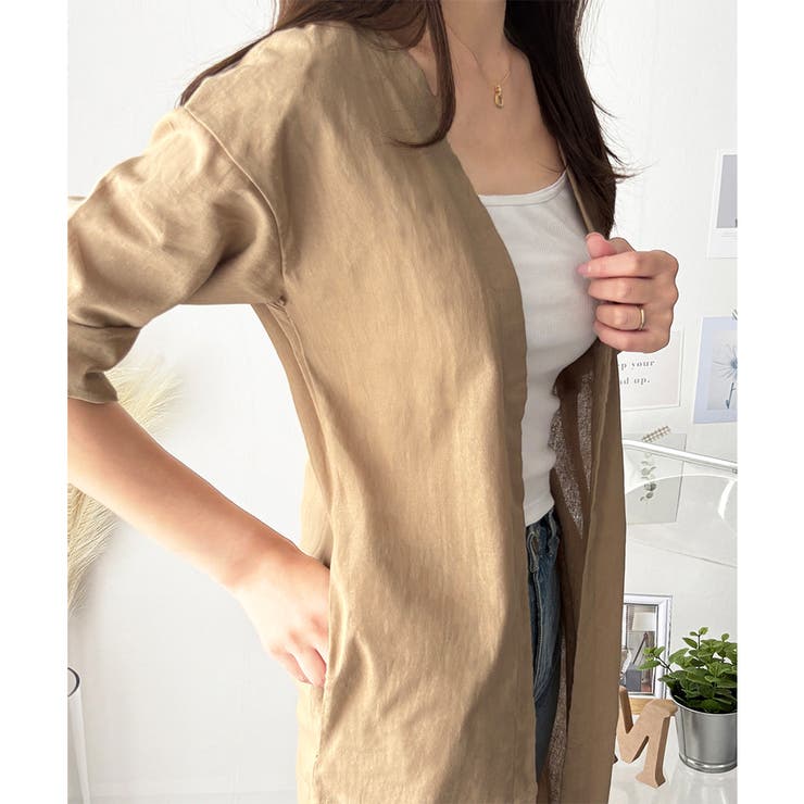 リネン風ノーカラーシャツアウター レディース 羽織り | Amulet | 詳細画像18 