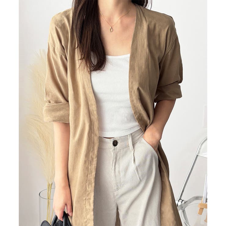 リネン風ノーカラーシャツアウター レディース 羽織り | Amulet | 詳細画像3 