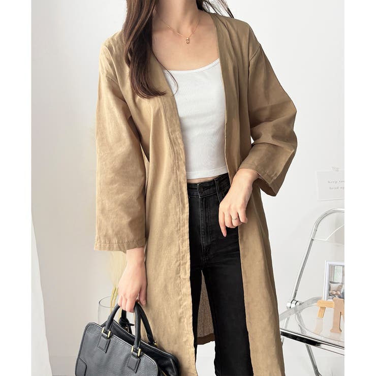 ベージュ | リネン風ノーカラーシャツアウター レディース 羽織り | Amulet