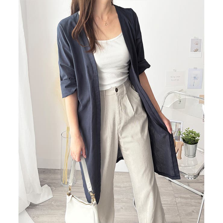 ネイビー | リネン風ノーカラーシャツアウター レディース 羽織り | Amulet