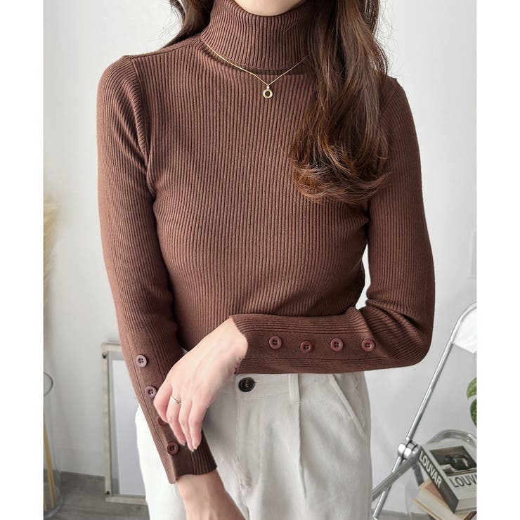 ブラウン | 袖ボタンリブタートルニット レディース 長袖 | Amulet