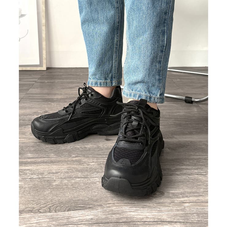 ブラック | メッシュ切替厚底スニーカー レディース 軽量 | Amulet