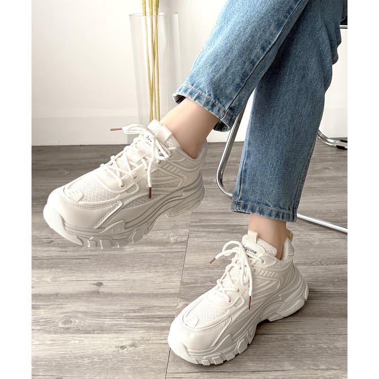 ホワイト | メッシュ切替厚底スニーカー レディース 軽量 | Amulet