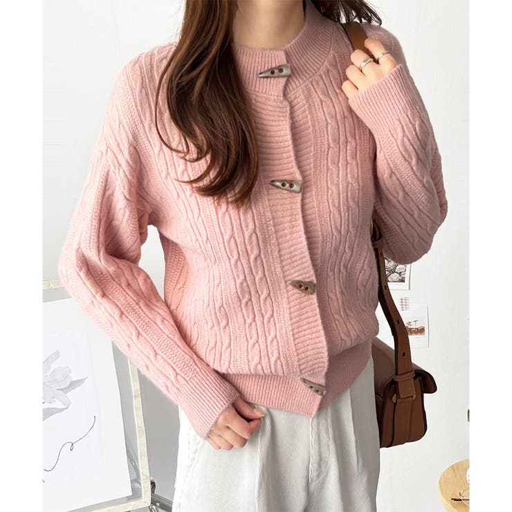 ピンク | ケーブル風トグルボタンカーディガン レディース 長袖 | Amulet