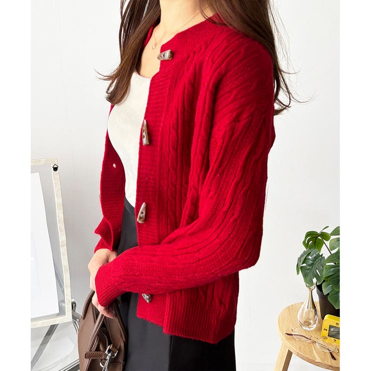 レッド | ケーブル風トグルボタンカーディガン レディース 長袖 | Amulet
