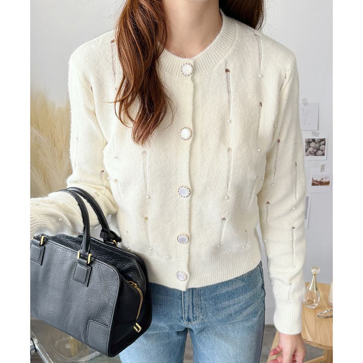 フェイクパール付きニットカーディガン レディース 長袖 | Amulet | 詳細画像2 