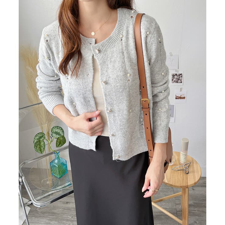 フェイクパール付きニットカーディガン レディース 長袖 | Amulet | 詳細画像3 