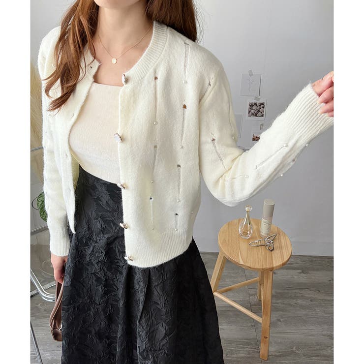 フェイクパール付きニットカーディガン レディース 長袖 | Amulet | 詳細画像9 