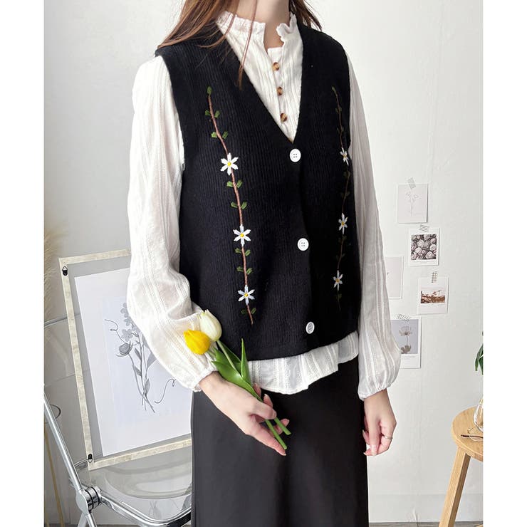 花籠ニットモチーフ付ジャケット 花柄刺繍ニットベスト レディース Vネック[品番：AMSW1778186