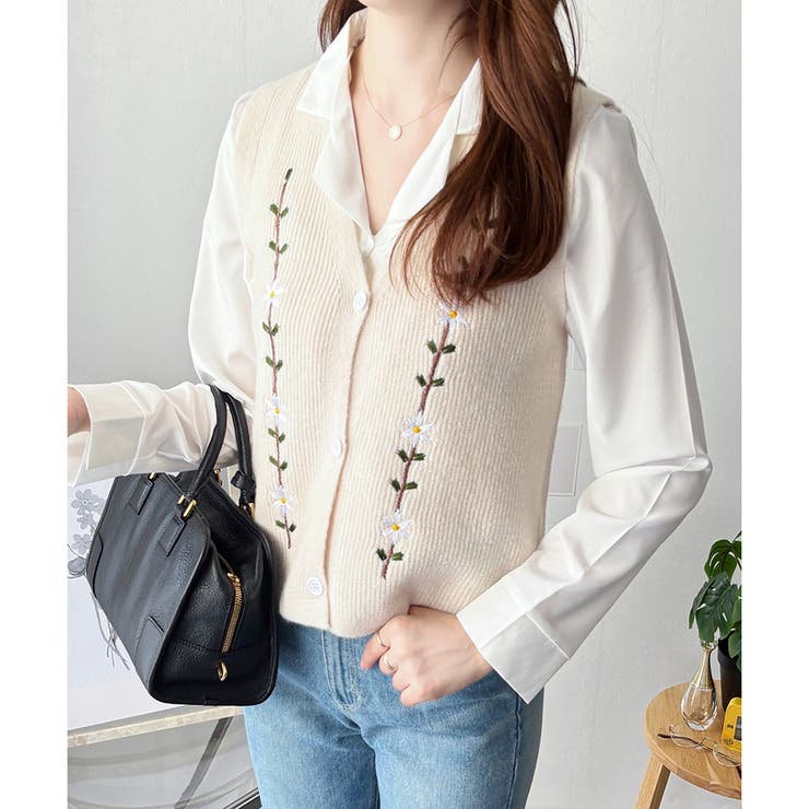 花柄刺繍ニットベスト レディース Vネック[品番：AMSW1778186